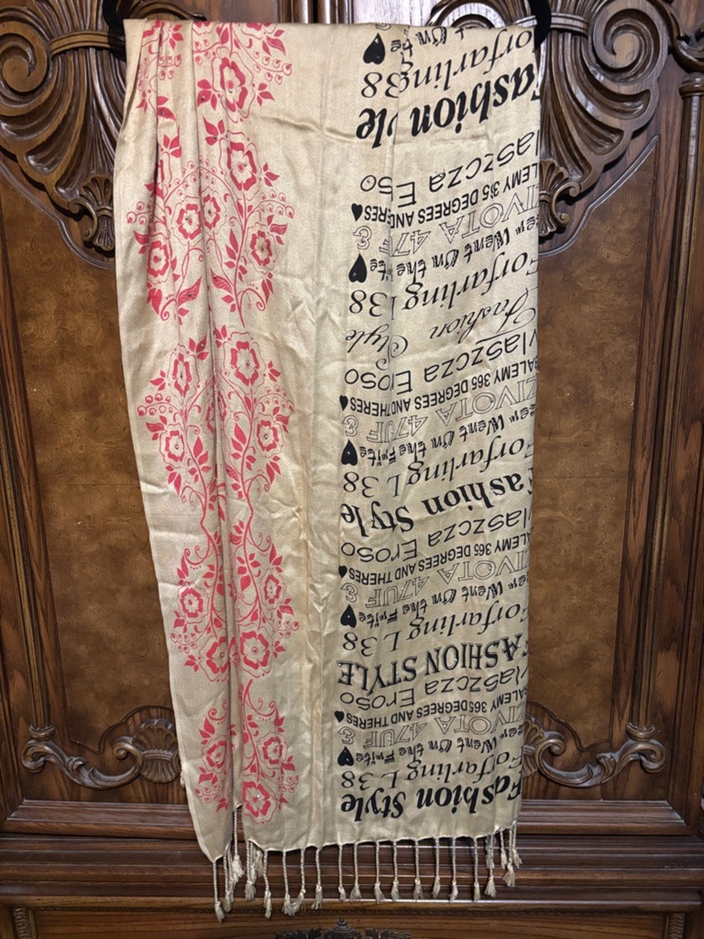 Beige and Coral Patterned Fashion Text Scarf
